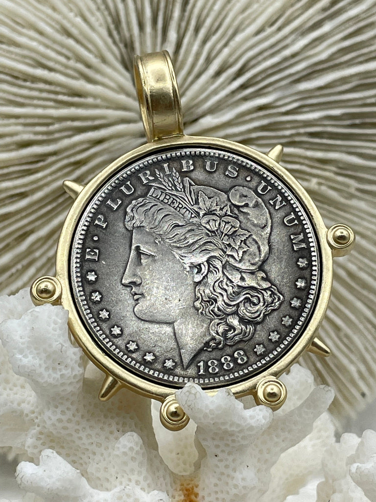 Reproduction Coin Pendant, Morgan Peace Dollar Coin Pendant, Coin Bezel, Vintage Coin Pendant, Silver Coin, 4 bezel colors. Fast Ship