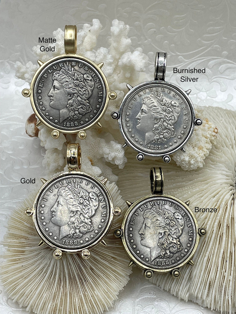Reproduction Coin Pendant, Morgan Peace Dollar Coin Pendant, Coin Bezel, Vintage Coin Pendant, Silver Coin, 4 bezel colors. Fast Ship