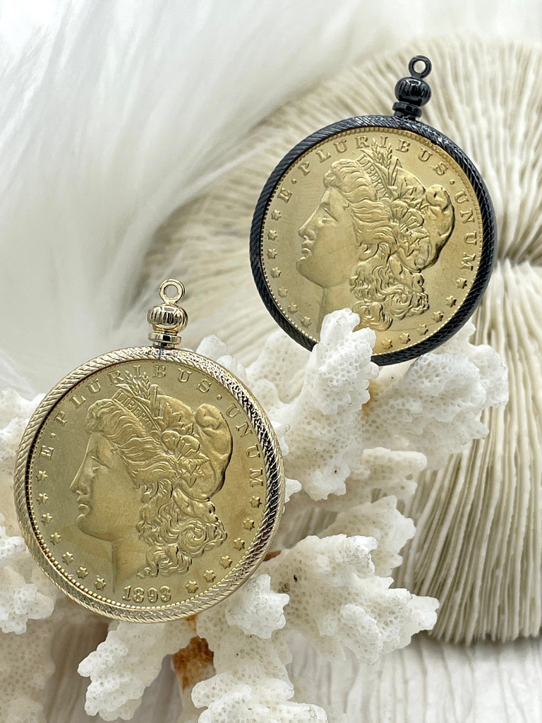 Reproduction Coin Pendant 39mm, Gold Plated. Liberty Coin, Vintage Coin, 4 bezel colors. Fast Shipping