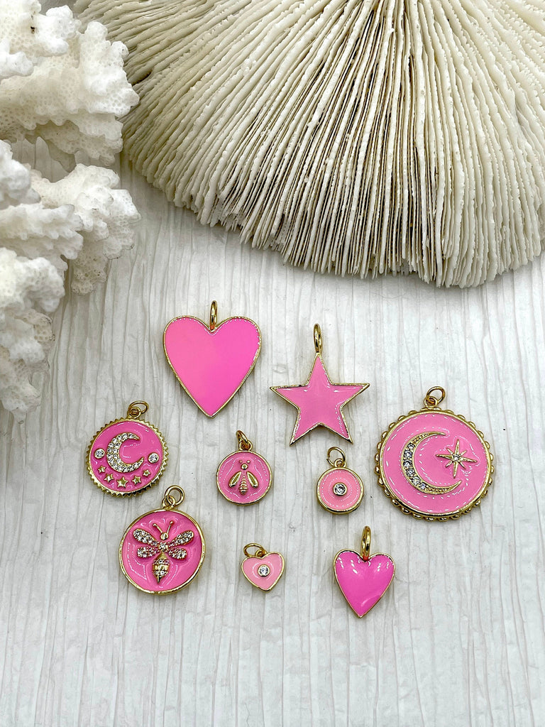 Pink Enamel Charms CZ Micro PAVE Charm Pendant BRASS. Gold plating. Star, Heart, Moon, Bee, Compass, Arrow. 10 to choose from. Fast Ship Bling by A