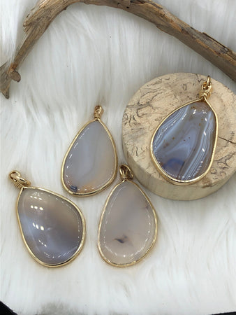 White & Gray Mixed Color Agate Pendant with Wire Wrapped Bezel Brass Gold Natural Stone Variety of Sizes and Color Stone Pendant Fast Ship
