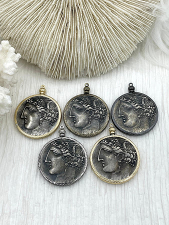 Reproduction Coin Pendant 39mm, Coin Bezel, Vintage Coin, Greek Coin, 5 bezel colors. Fast Shipping