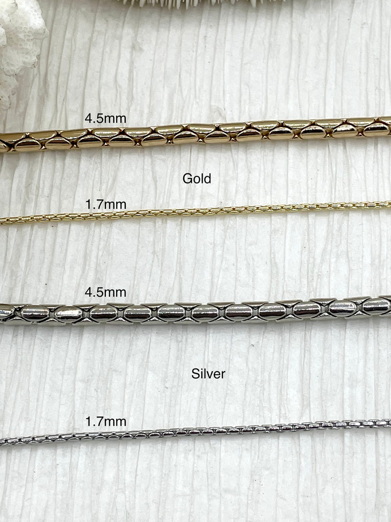 Brass Snake chain, Cobra, Boa Chain. Finished ends, Gold chain, High Quality Brass 4.5mm or 1.7mm , Gold Plated or Rhodium Fast Ship