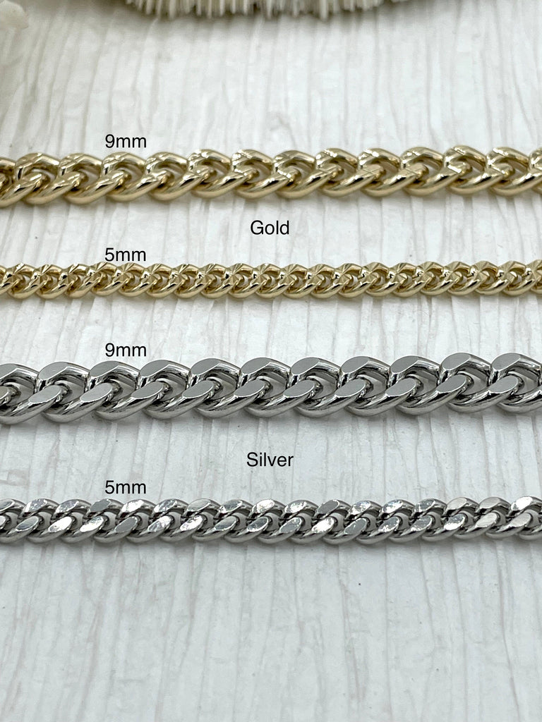 Brass Curb Chain HIGH QUALITY Gold Plated Curb Chain, Rhodium Silver Curb Chain, Chunky Flat Curb Chain 2 sizes 5mm or 9mm Fast ship