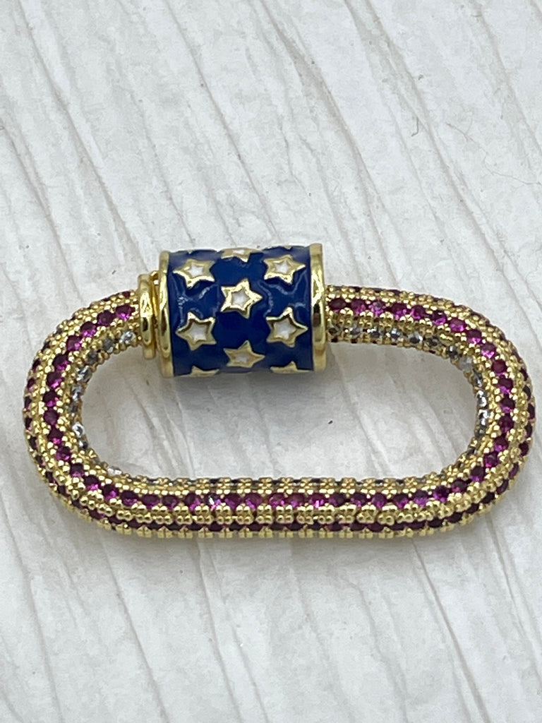 MICRO PAVE Brass Gold Plated Oval Carabiner lock clasp.Red White & Blue w/Stars.Brass Carabiner Screw Clasp,Carabiner Screw Pendant.FastShip Bling by A