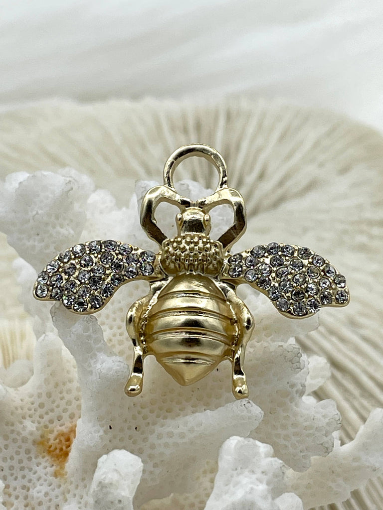 French Bee Charm Pendant CZ Micro PAVE , French Bee Charm, CZ Bee, 33mm x 39mm Bee Charm, Cubic Zirconia Bee Pendant, 5 Finishes Fast Ship