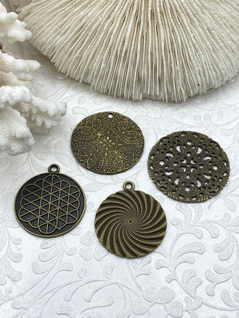 Flat Round Filigree Stamped Metal Pendant Medallion Pendant, 4 styles, 42mm, 39mm, 34mm, 21mm Bronze. Fast Ship