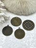 Image of Flat Round Filigree Stamped Metal Pendant Medallion Pendant, 4 styles, 42mm, 39mm, 34mm, 21mm Bronze. Fast Ship