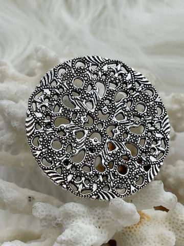 Flat Round Filigree Stamped Metal Pendant Medallion Pendant, 4 styles, 42mm, 39mm, 34mm, 21mm Antique Silver . Fast Ship