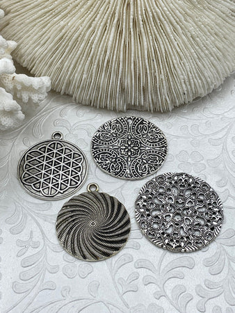 Flat Round Filigree Stamped Metal Pendant Medallion Pendant, 4 styles, 42mm, 39mm, 34mm, 21mm Antique Silver . Fast Ship