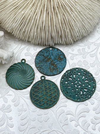 Flat Round Filigree Stamped Metal Pendant Medallion Pendant, 4 styles, 42mm, 39mm, 34mm, 21mm Verdigris . Fast Ship