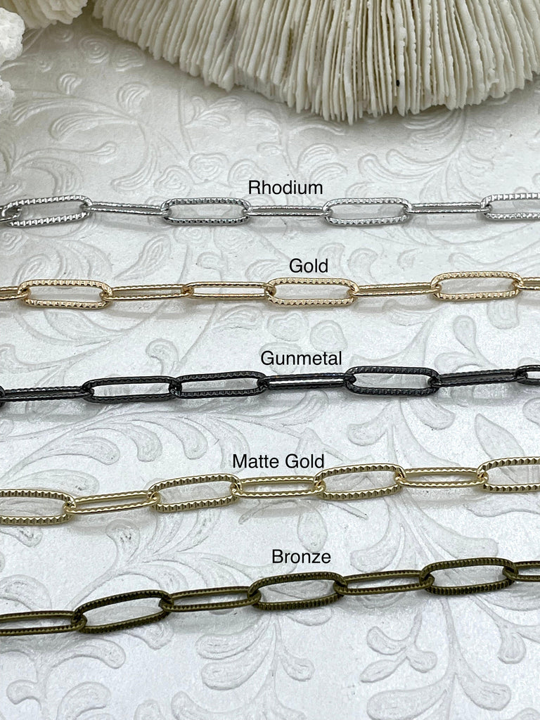 Paperclip Chain Brass Long Skinny Oval Rectangle Paperclip textured Chain 15mm x 5mm x .75 mm Sold by the foot Electroplated Fast Ship