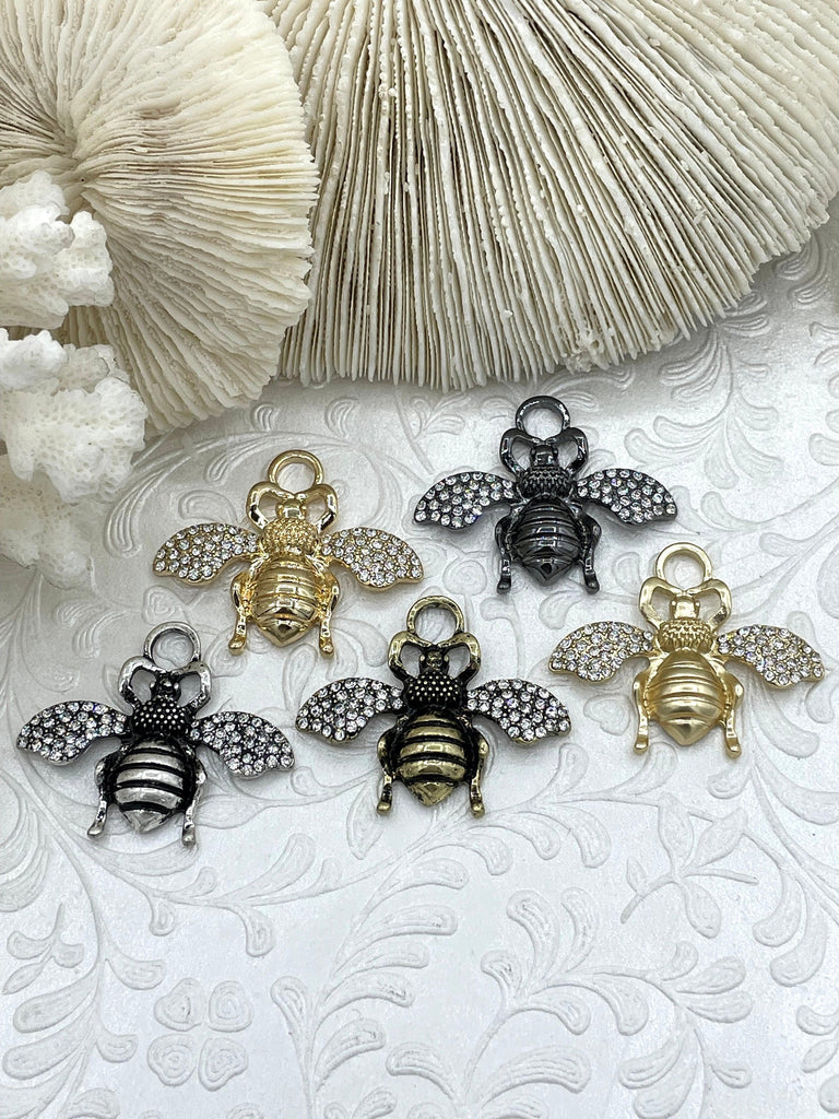 French Bee Charm Pendant CZ Micro PAVE , French Bee Charm, CZ Bee, 33mm x 39mm Bee Charm, Cubic Zirconia Bee Pendant, 5 Finishes Fast Ship