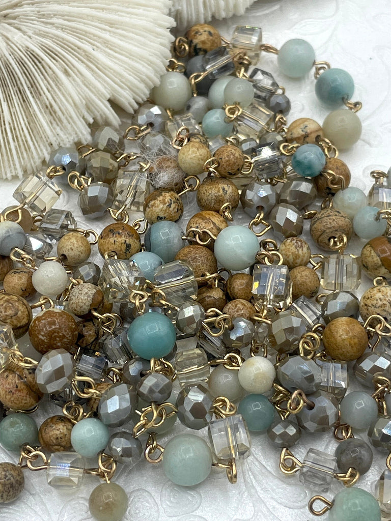 Gemstone Crystal Mix Rosary Chain, Picture Jasper, Amazonite, Crystal. Bronze or Gold. Round, cube and rondelle beads 1 Meter (39")Fast Ship