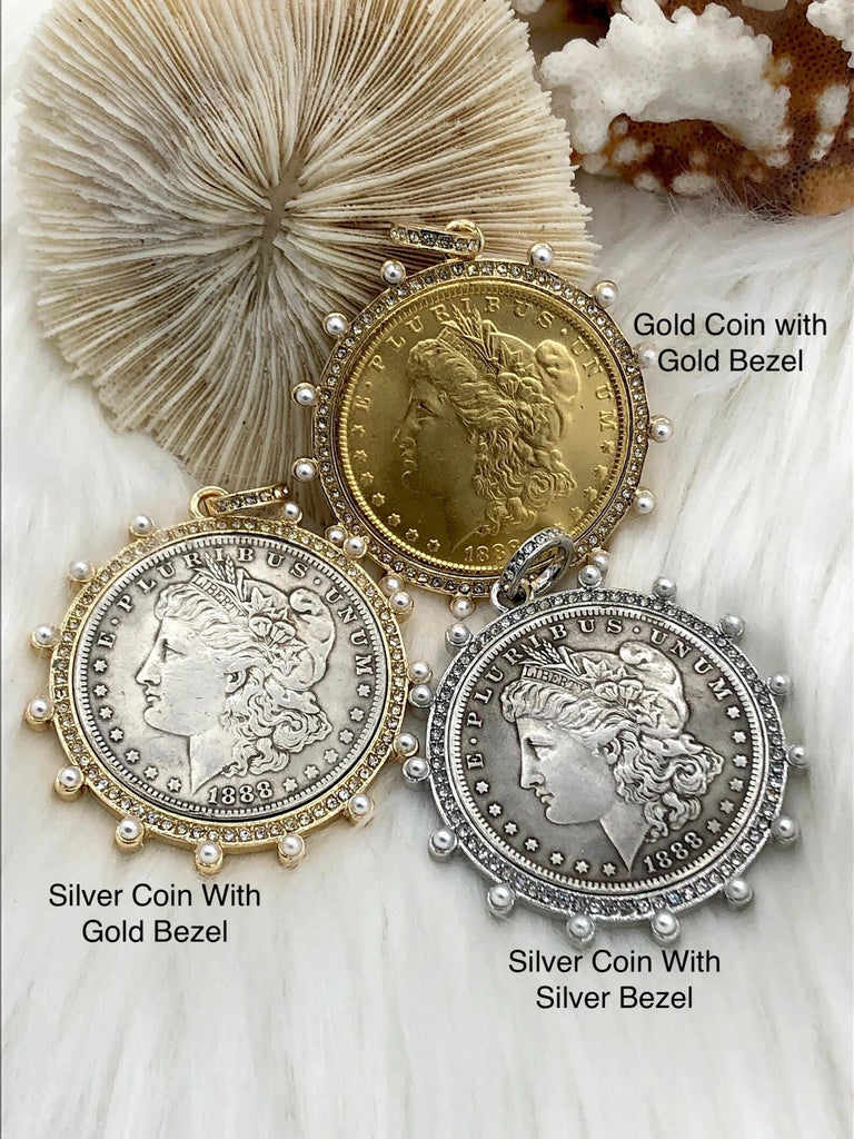 Reproduction Coin Pendant, Morgan Peace Dollar Pendant, Coin Bezel, Vintage Coin Pendant, Bezel with CZ and Pearls. 3 Styles Fast Ship