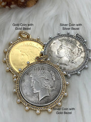 Reproduction Coin Pendant, Liberty Peace Dollar Coin Pendant, Coin Bezel, Vintage Coin Pendant, Coin Bezel w/Pearls and CZ . Fast Ship