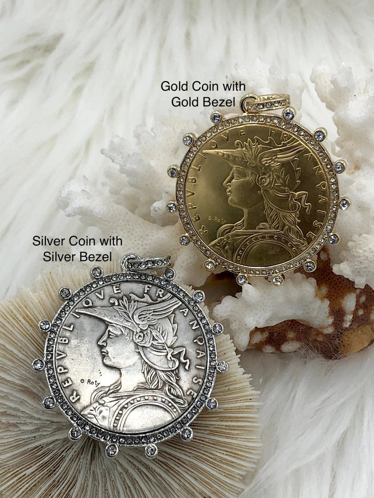 Reproduction French Madagascar Medal Coin Pendant, Bezel, French coin, Art Deco Coin, Antique Coin Bezel W/Cubic Zirconia. Fast Ship