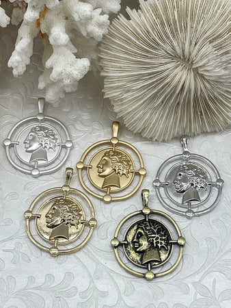Ancient Greek Reproduction Bust Coin Pendant, Coin Pendant, Coin Charm 5 color choices Matte Silver Coin Pendant, Matte Gold Fast Ship