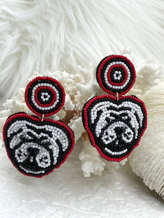 Bulldogs Earrings,Beaded Earrings, Red Black and White Earrings, Game Day Clam,Collegiate Earrings, Dawgs, Go Dawgs, Sold as a set Fast Ship Bling by A