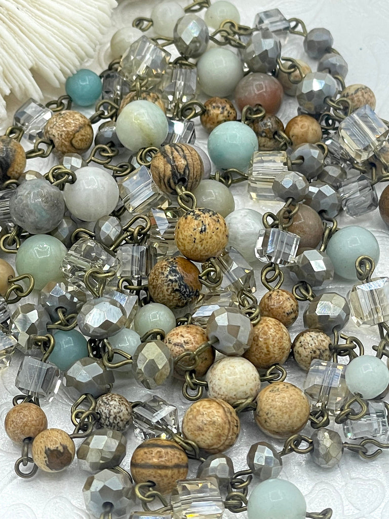 Gemstone Crystal Mix Rosary Chain, Picture Jasper, Amazonite, Crystal. Bronze or Gold. Round, cube and rondelle beads 1 Meter (39")Fast Ship