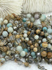 Image of Gemstone Crystal Mix Rosary Chain, Picture Jasper, Amazonite, Crystal. Bronze or Gold. Round, cube and rondelle beads 1 Meter (39")Fast Ship