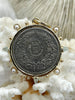 Image of Coin Pendant, French Horticole De Dison,Horse and Le Monde Replica Coin with Bezel, French Medal, French Coin Aqua CZ and Pearl Accents