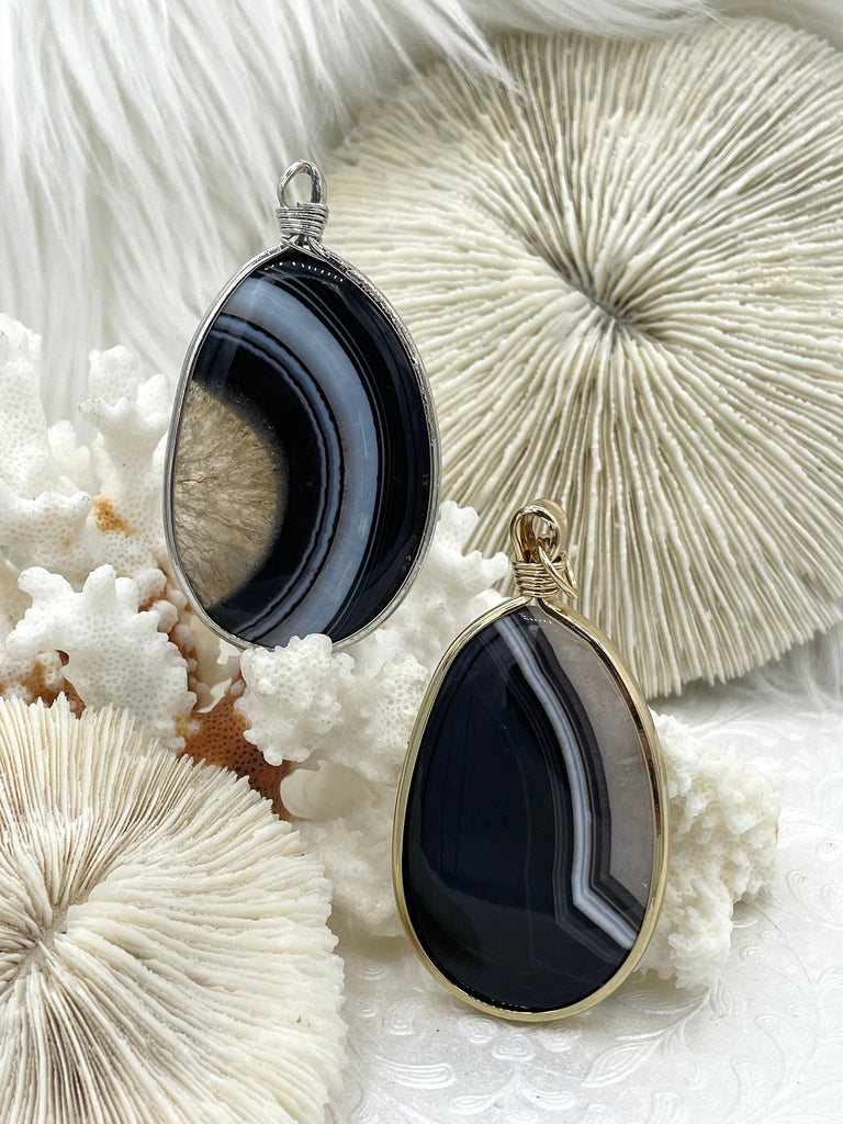 Black Mixed Color Agate Pendant with Wire Wrapped Bezel Brass Gold or Silver Natural Stone Variety of Sizes and Color Stone PendantFast Ship