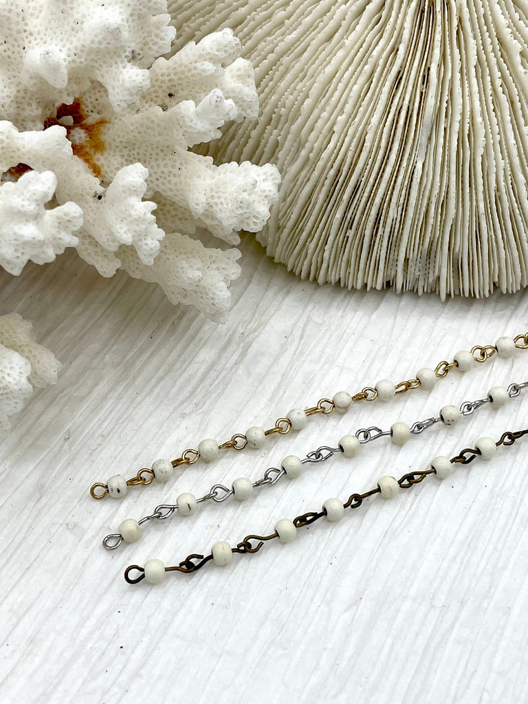 WHITE Howlite Rosary Chain, Gold, silver, bronze or gunmetal wire links, 4mm round stone bead chain 1 Meter (39 inches)