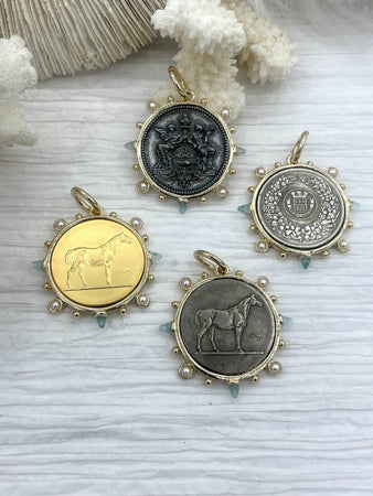 Coin Pendant, French Horticole De Dison,Horse and Le Monde Replica Coin with Bezel, French Medal, French Coin Aqua CZ and Pearl Accents