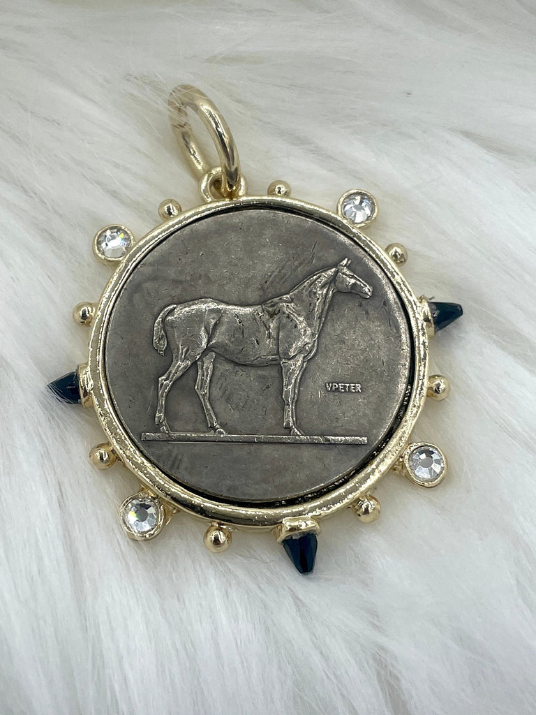 French Horticole De Dison Pendant, Horse Coin Pendant, French Pendant, French Coin, Black Spike and Round CZ Accents Coin Fast Ship