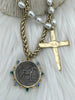 Image of Horse Coin Pendant/French Angel Replica Coin,French Coin Pendant,Equestrian Coin, Emerald CZ Spike/Round Blue crystal Accents Fast Ship