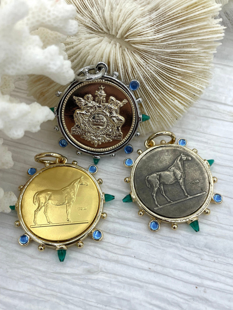 Horse Coin Pendant/French Angel Replica Coin,French Coin Pendant,Equestrian Coin, Emerald CZ Spike/Round Blue crystal Accents Fast Ship
