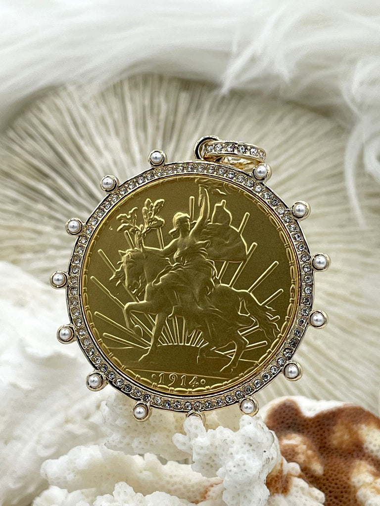 Reproduction Peso Coin Pendant, Mexican Coin, Horse Pendant, Equestrian Pendant, Equestrian Coin, W/Pearl & CZ 2 Styles. Fast Ship