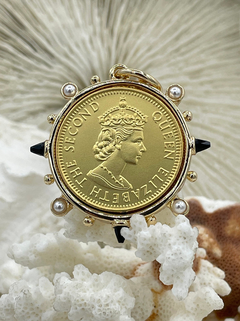 Queen Elizabeth II Coin Pendant, Royal Coin Pendant, Queen Coin Pendant, Black Spike and Pearl Accents, Reproduction Coins Fast Ship