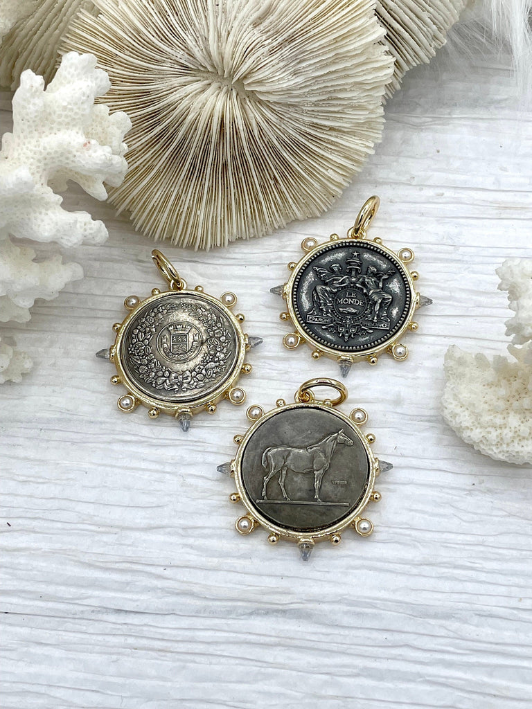 French Horticole De Dison Pendant, Horse Coin Pendant, French Pendant, Le Monde Coin, Clear Spike & Round Pearl Accents Coin.Fast Ship