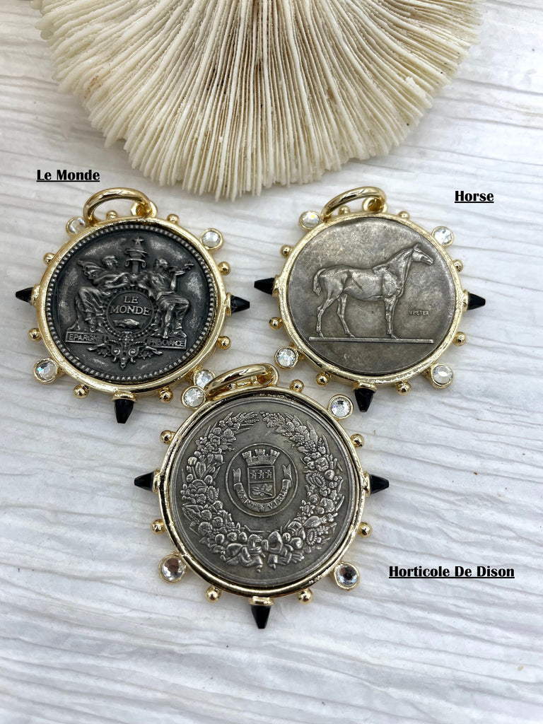 French Horticole De Dison Pendant, Horse Coin Pendant, French Pendant, French Coin, Black Spike and Round CZ Accents Coin Fast Ship