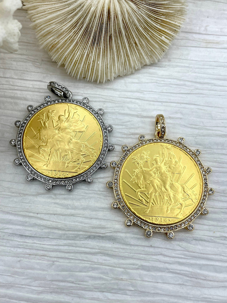 Reproduction Peso Coin Pendant, Mexican Coin, Horse Pendant, Equestrian Pendant, Equestrian Coin Bezel W/Cubic Zirconia. Fast Ship