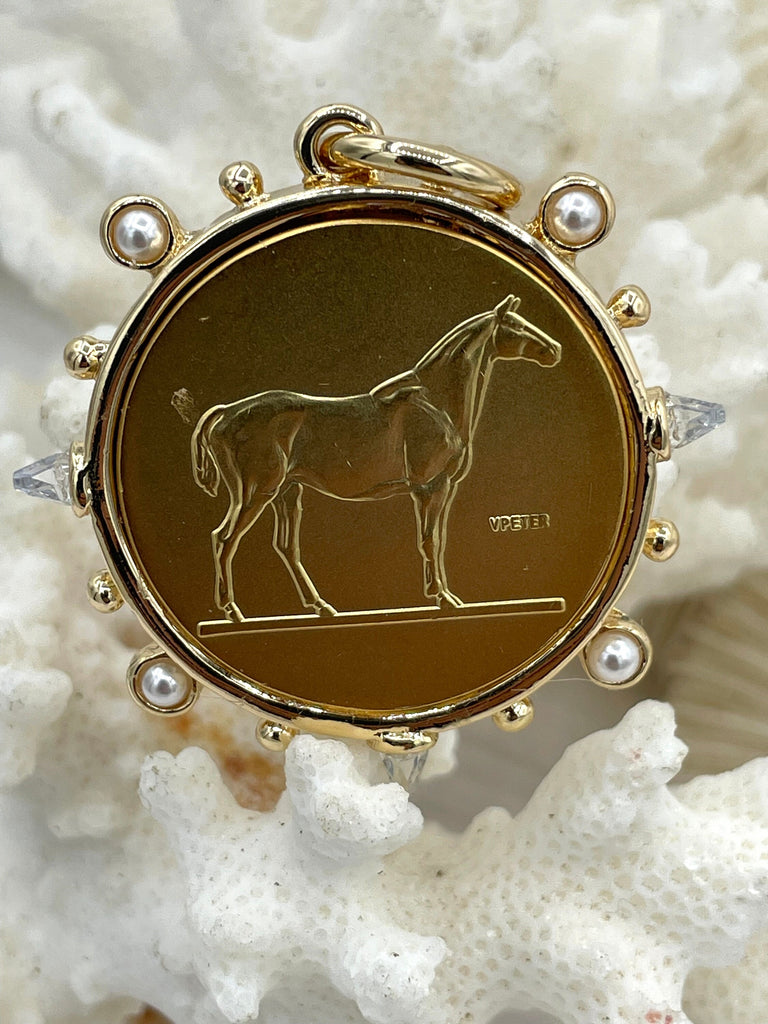 French Horticole De Dison Pendant, Horse Coin Pendant, French Pendant, Le Monde Coin, Clear Spike & Round Pearl Accents Coin.Fast Ship