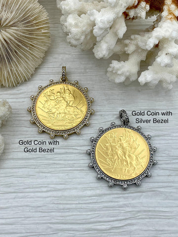 Reproduction Peso Coin Pendant, Mexican Coin, Horse Pendant, Equestrian Pendant, Equestrian Coin, W/Pearl & CZ 2 Styles. Fast Ship