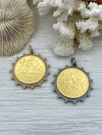 Reproduction Peso Coin Pendant, Mexican Coin, Horse Pendant, Equestrian Pendant, Equestrian Coin, W/Pearl & CZ 2 Styles. Fast Ship