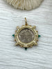 Image of Queen Elizabeth II Pendant/Replica Coin, Coin Pendant, Royal Coin, Emerald CZ Spike/Round Blue crystal Accents Fast Ship