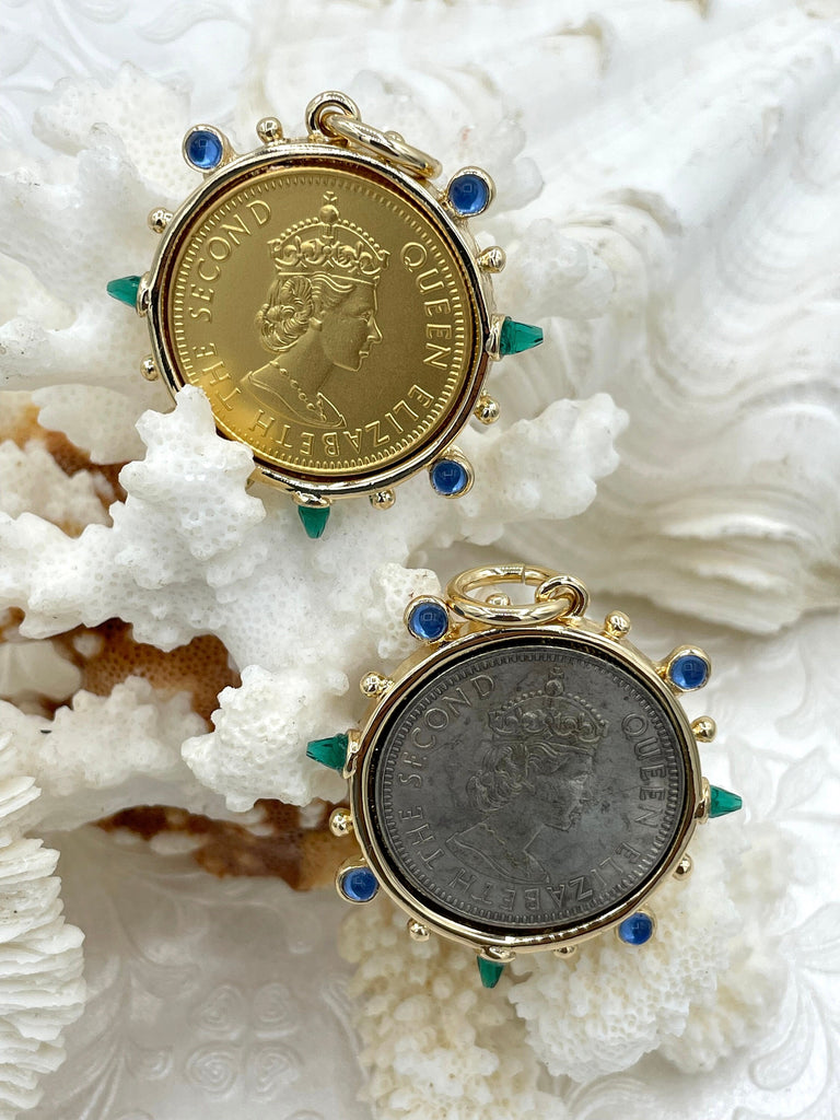 Queen Elizabeth II Pendant/Replica Coin, Coin Pendant, Royal Coin, Emerald CZ Spike/Round Blue crystal Accents Fast Ship