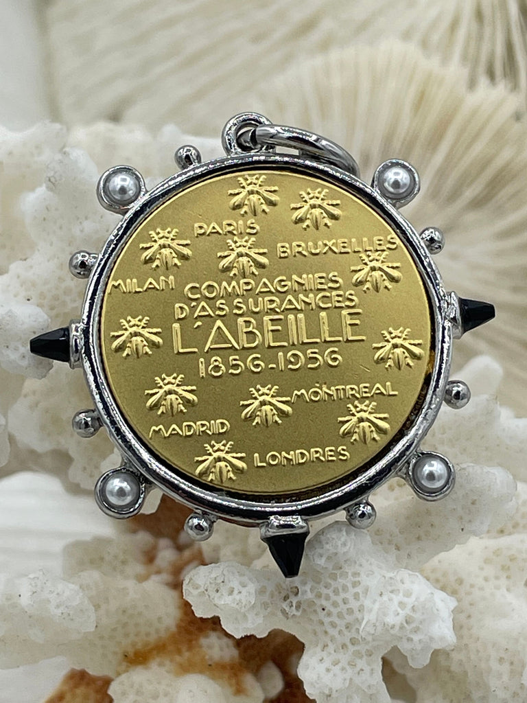 L'abielle Bee Coin Pendant,French Bee Coin w/ Bezel,Bee Pendant, 2 Styles, Fleur De Lis Coin with Black CZ and Pearl Accents Fast Ship Bling by A