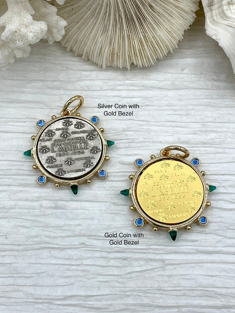 L'abielle Bee Coin Pendant,French Bee Coin w/ Bezel,Bee Pendant,2 Styles, Fleur De Lis Coin with Emerald and Blue CZ Accents Fast Ship Bling by A