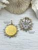 Image of L'abielle Bee Coin Pendant,French Bee Coin with Bezel,Bee Pendant, 2 Styles,Fleur De Lis Coin with Aqua CZ and Pearl Accents Fast Ship