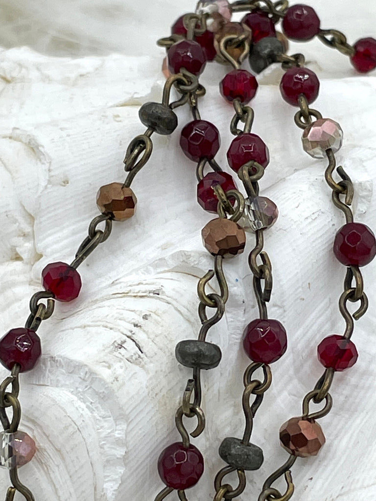 Gemstone Crystal mix Rosary Faceted Red Agate w/Mixed Crystal Shapes,Crystal Beaded Chain 4mm or 6mm Beads, Bronze pin 1 Meter(39")Fast Ship