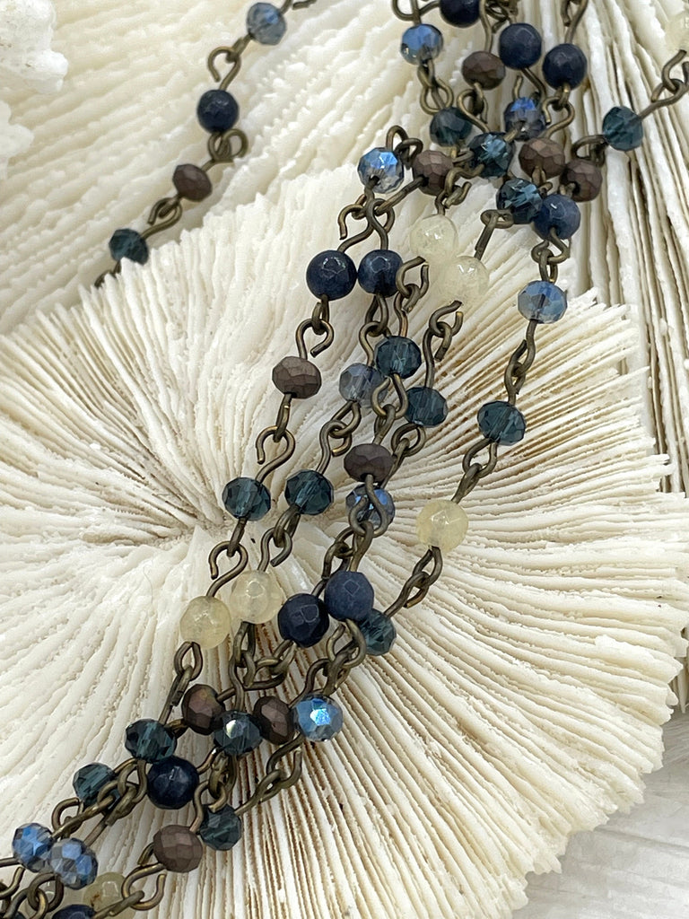 Gemstone Crystal mix Rosary Faceted Blue Agate with Mixed Crystal Shapes, Crystal Beaded Chain 4mm Bronze, pin 1 Meter (39 ") Fast Ship Bling by A