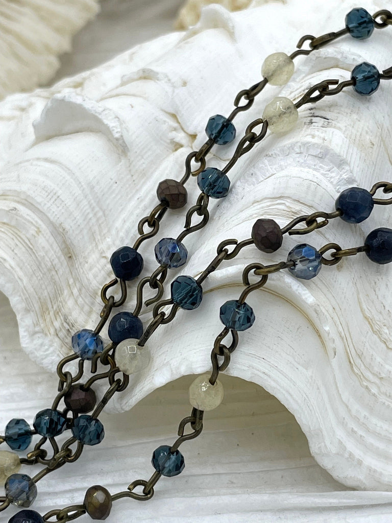 Gemstone Crystal mix Rosary Faceted Blue Agate with Mixed Crystal Shapes, Crystal Beaded Chain 4mm Bronze, pin 1 Meter (39 ") Fast Ship Bling by A