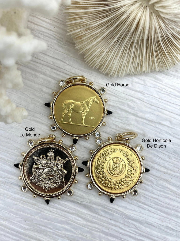 French Horticole De Dison, Le Monde and Pendant, Horse Coin Pendant, French Pendant, French Coin, Black Spike and Round CZ Accents Coin