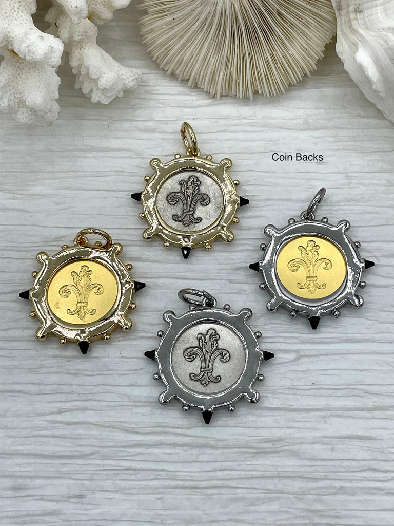 L'abielle Bee Coin Pendant,French Bee Coin w/ Bezel,Bee Pendant, 2 Styles, Fleur De Lis Coin with Black CZ and Pearl Accents Fast Ship Bling by A
